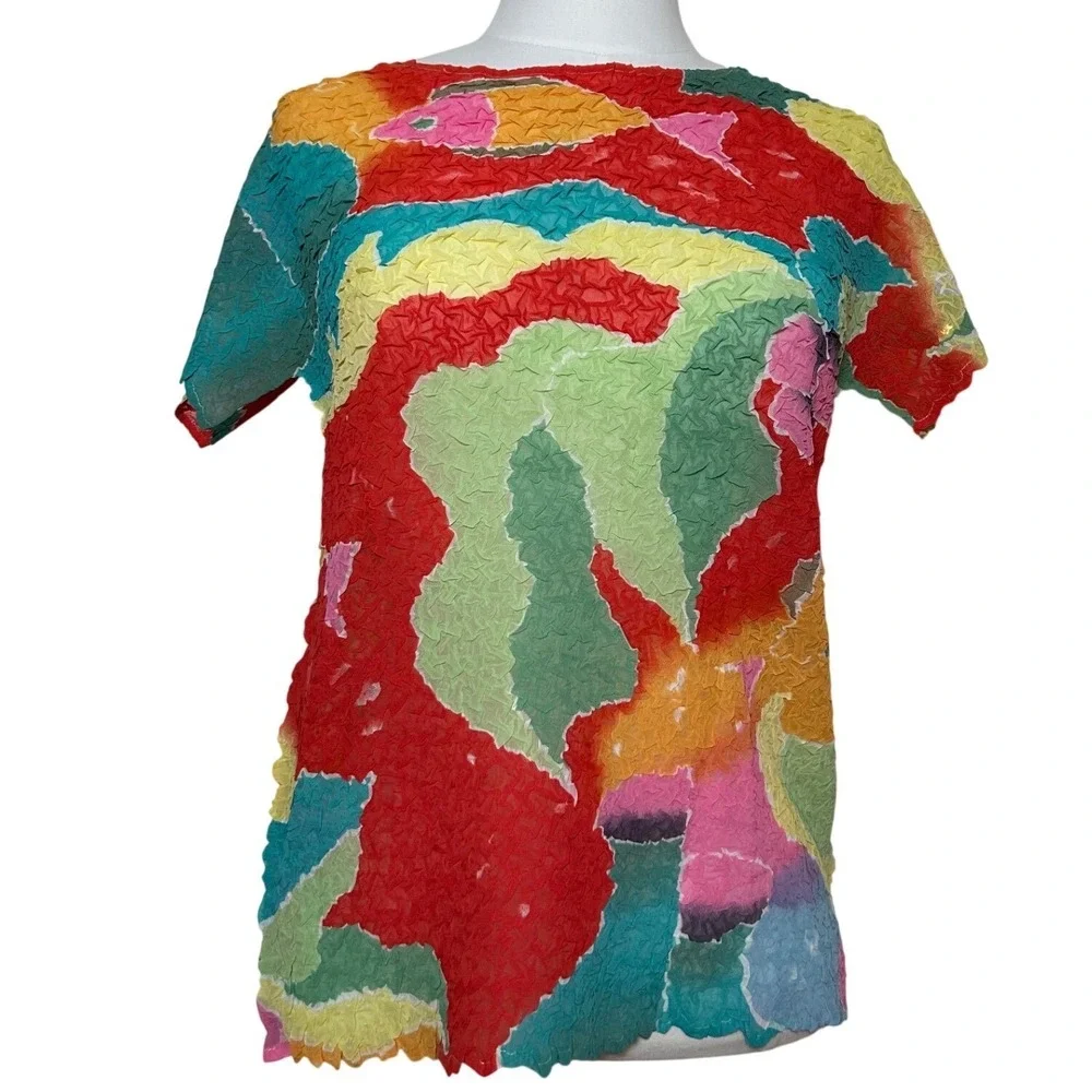 Vintage Textured‎ Avant Garde Crinkle Short Sleeve Gauzy Top Fish Retro Funky